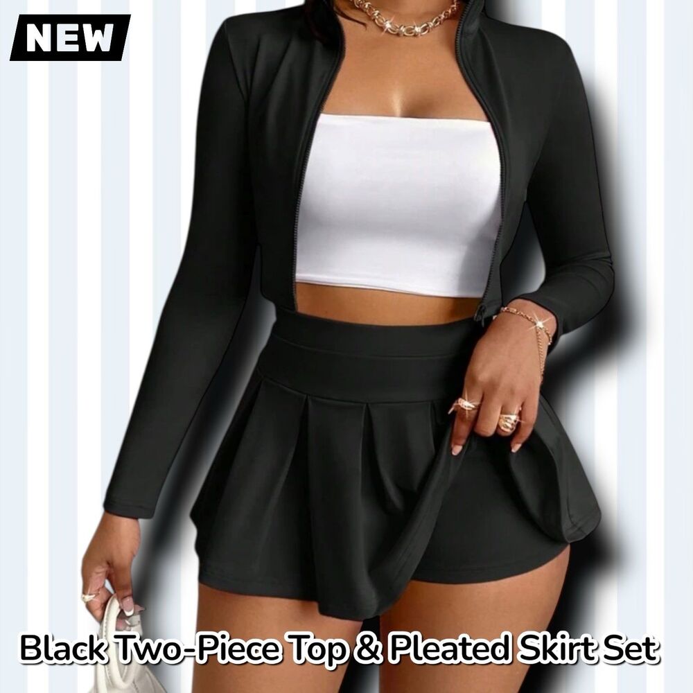 New Black Two-Piece Zip-Up Crop Top & Pleated Skirt Set Medium - Picture 6 of 7